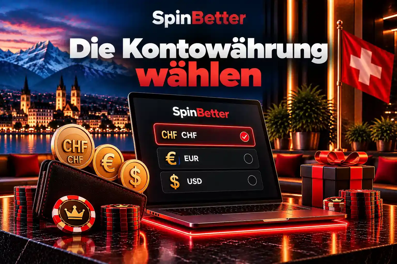 Laptop mit Währungsauswahl: CHF ist markiert, daneben EUR und USD