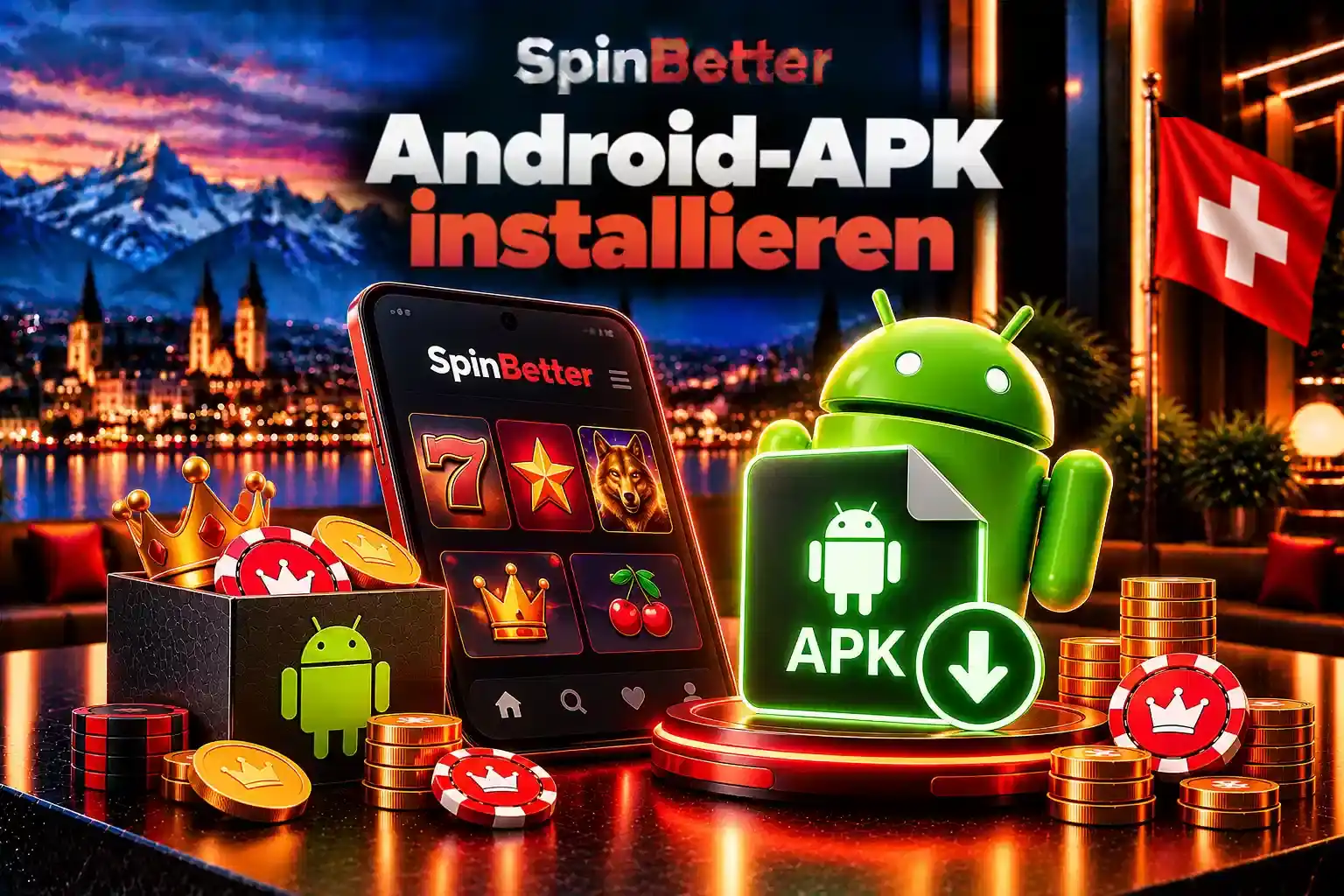 Smartphone mit Android-Roboter und APK-Download-Symbol vor einem Spielautomaten