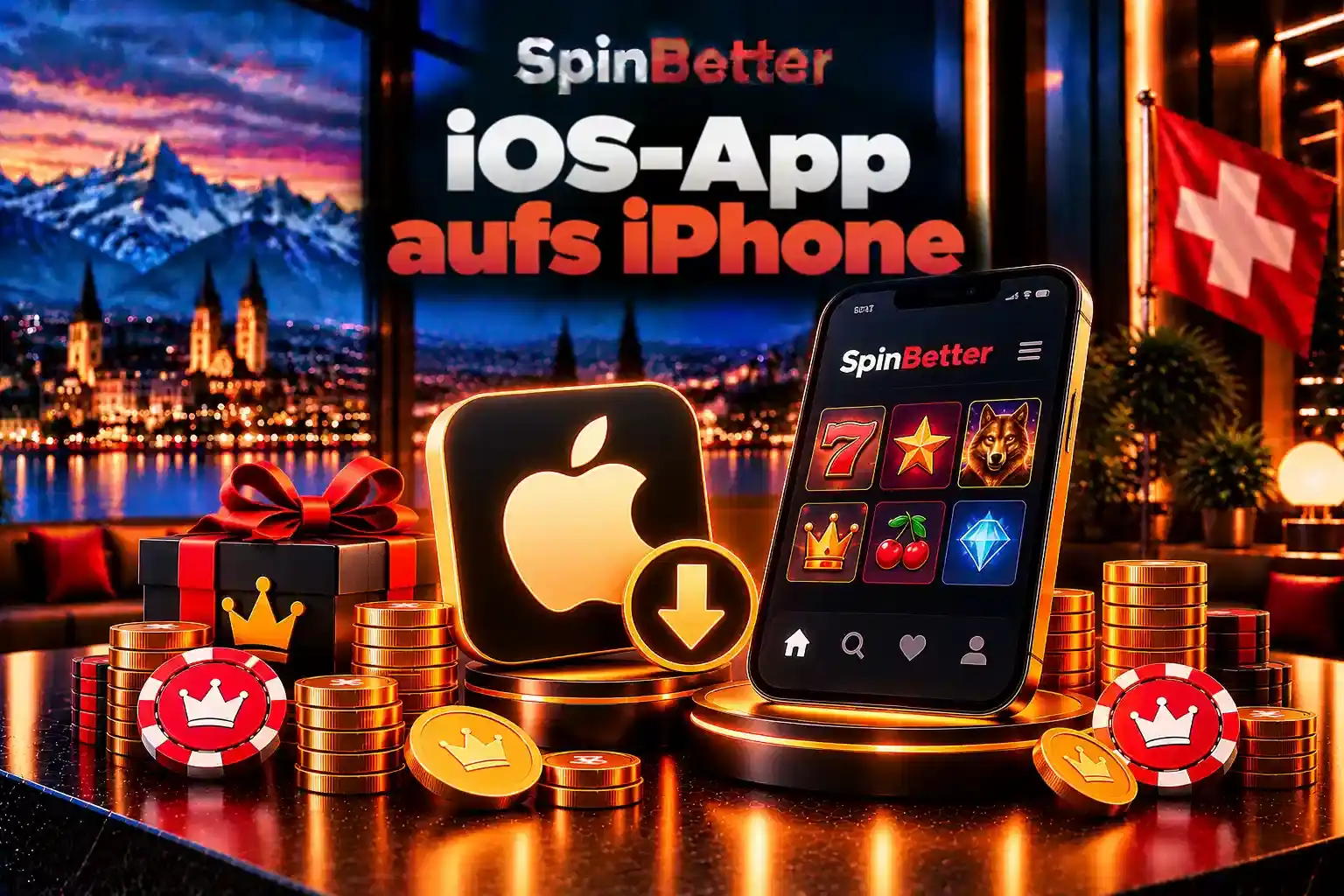 iPhone mit Apple-Logo und Download-Pfeil neben einem Spielautomaten