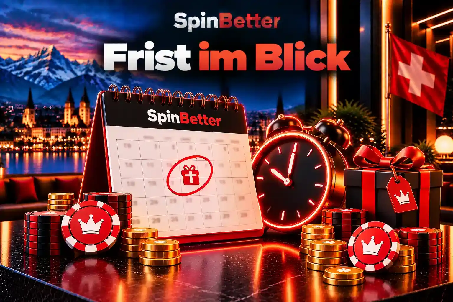 Tischkalender mit Wecker und Geschenk als Sinnbild für die Frist des Bonusumsatzes