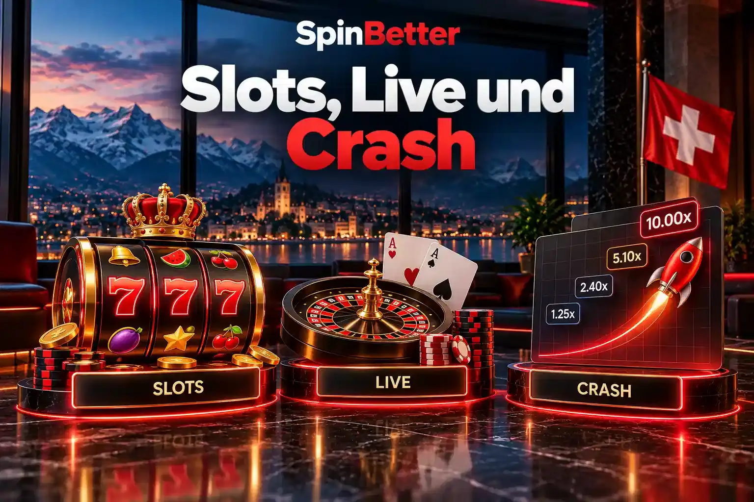 Illustration der Lobby mit Slots, Live-Roulette und Crash-Spielen vor Schweizer Kulisse