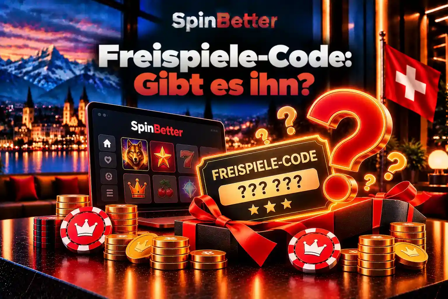Smartphone mit Geschenkbox und einem Eingabefeld mit Fragezeichen für einen Freispiele-Code