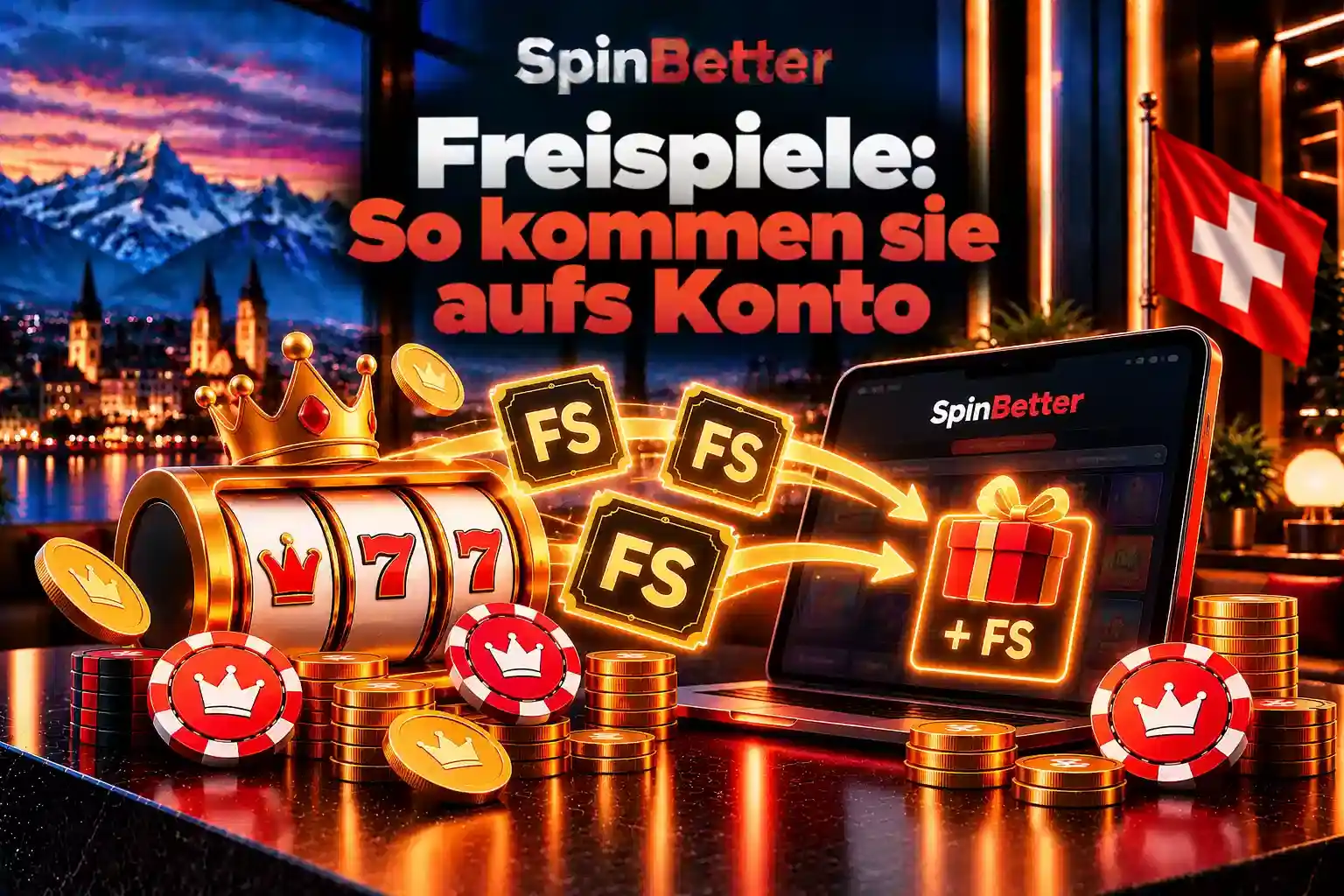 Spielautomat mit Freispiel-Symbolen, die auf ein Tablet mit Konto-Ansicht fliegen