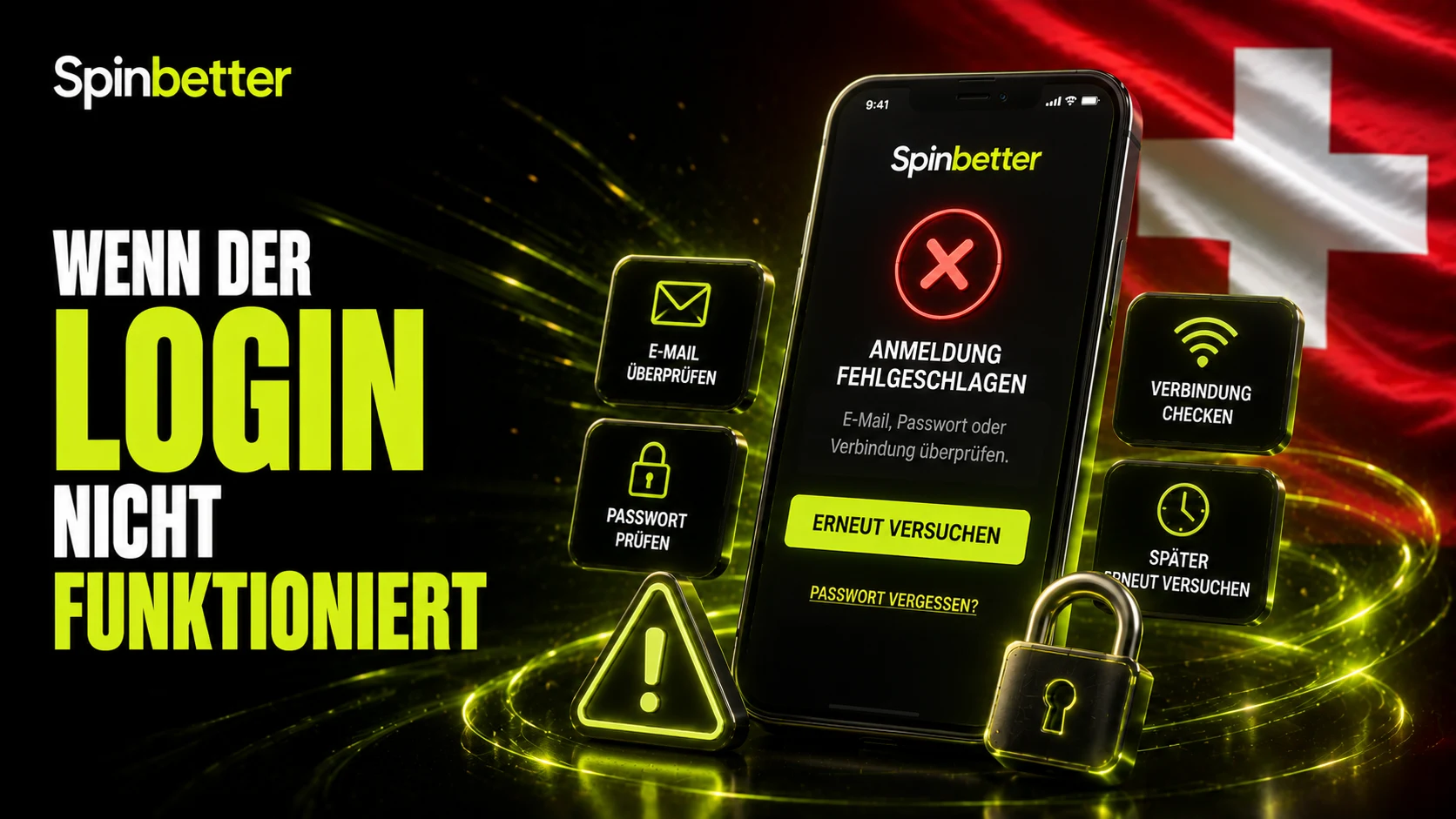 Smartphone mit Fehlermeldung «Anmeldung fehlgeschlagen» und Hinweisen zu E-Mail, Passwort und Verbindung
